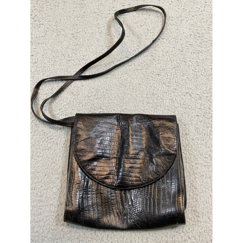 Paola Del Lungo Crossbody Bag Womens Small Black Lizard Embossed Square Italy